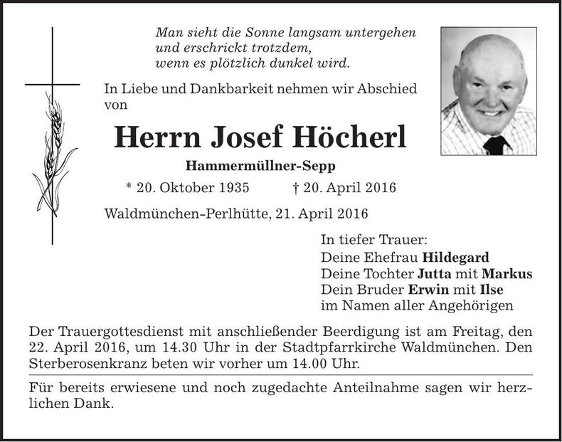 Traueranzeige Josef Höcherl