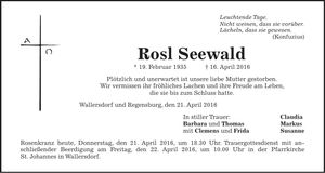 Traueranzeige Rosl Seewald