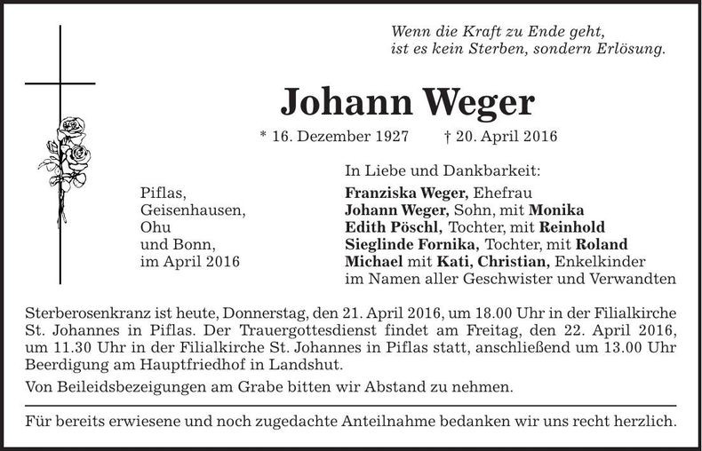 Traueranzeige Johann Weger