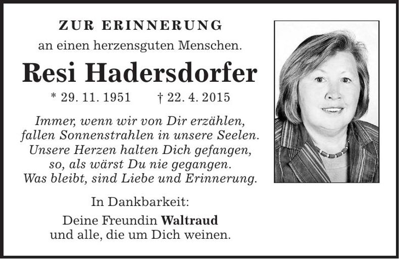 Traueranzeige Resi Hadersdorfer