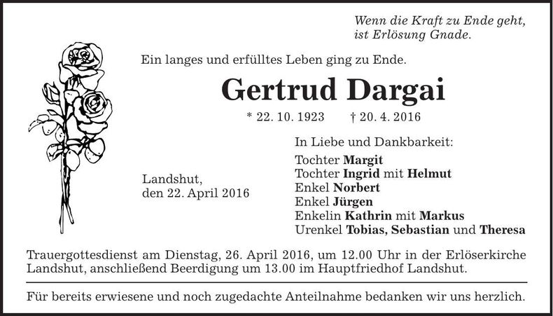 Traueranzeige Gertrud Dargai