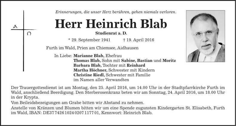 Traueranzeige Heinrich Blab