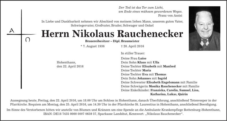 Traueranzeige Nikolaus Rauchenecker