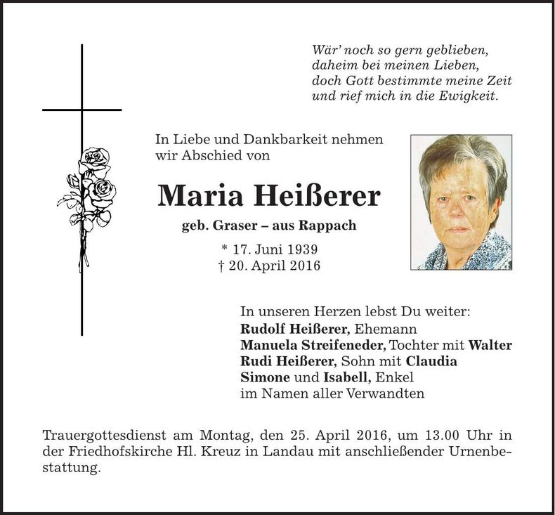 Traueranzeige Maria Heißerer
