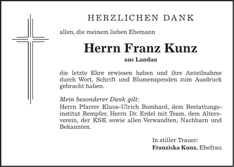 Traueranzeige Franz Kunz
