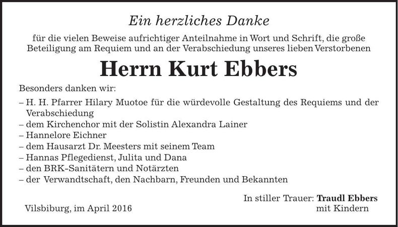 Traueranzeige Kurt Ebbers