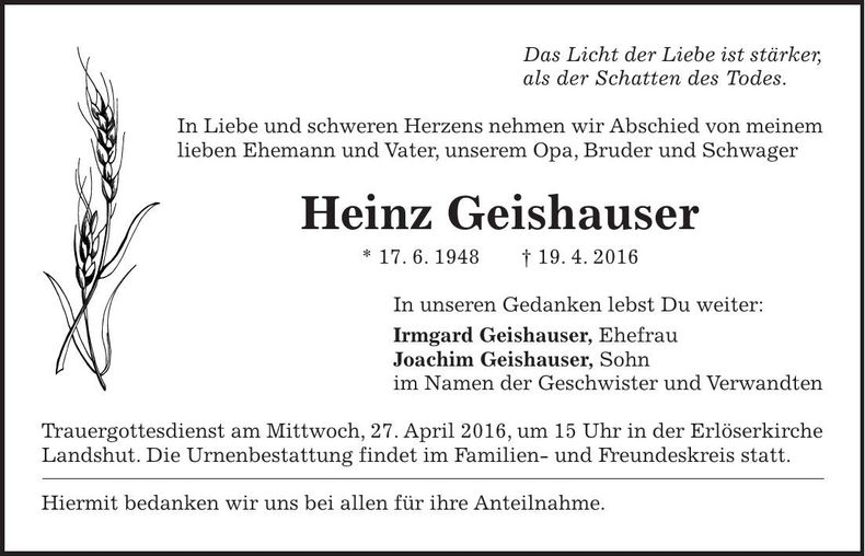 Traueranzeige Heinz Geishauser