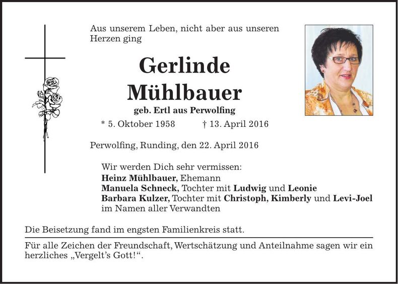 Traueranzeige Gerlinde Mühlbauer