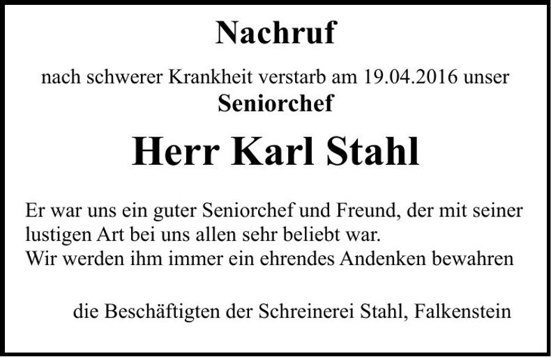 Traueranzeige Karl Stahl