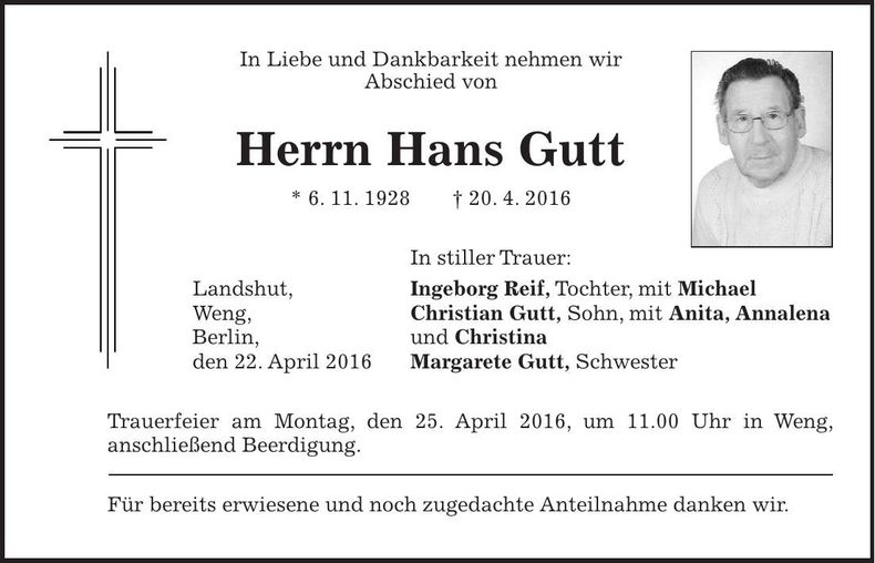 Traueranzeige Hans Gutt
