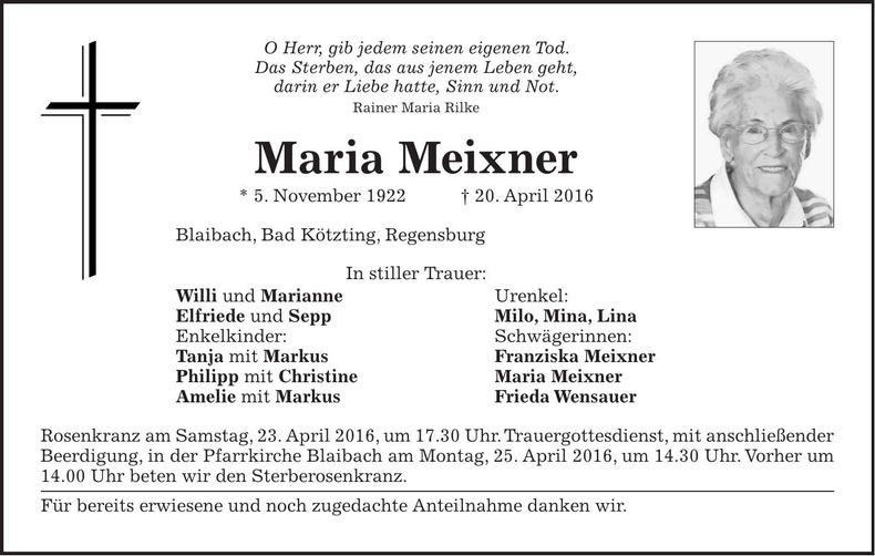 Traueranzeige Maria Meixner