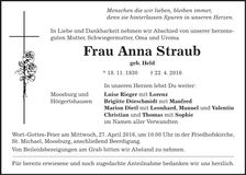 Traueranzeige Anna Straub
