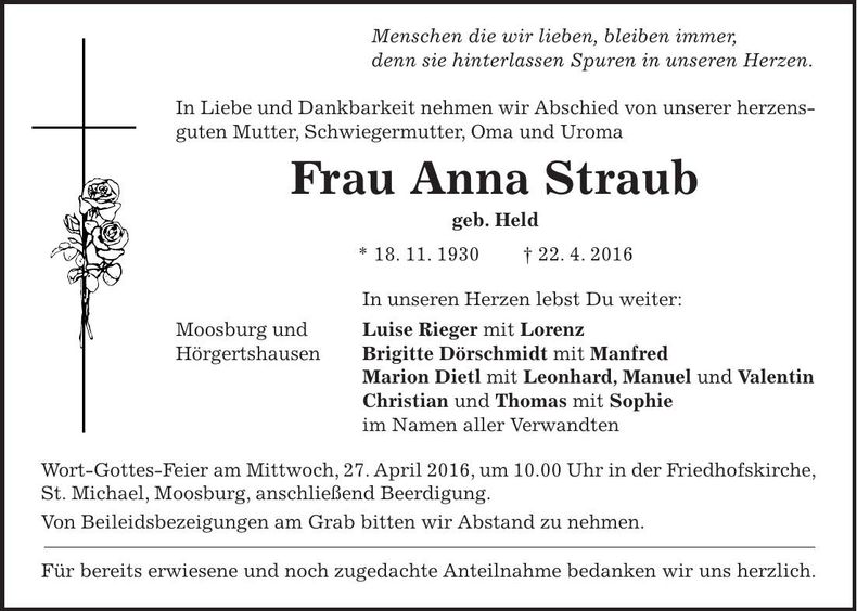 Traueranzeige Anna Straub