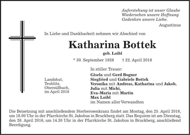 Traueranzeige Katharina Bottek