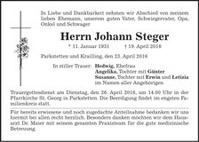 Traueranzeige Johann Steger