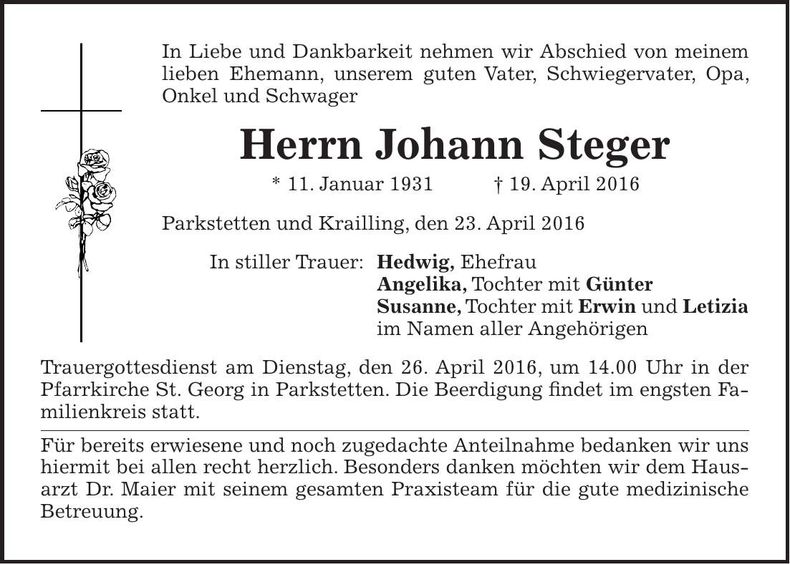 Traueranzeige Johann Steger