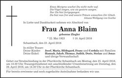 Traueranzeige Anna Blaim