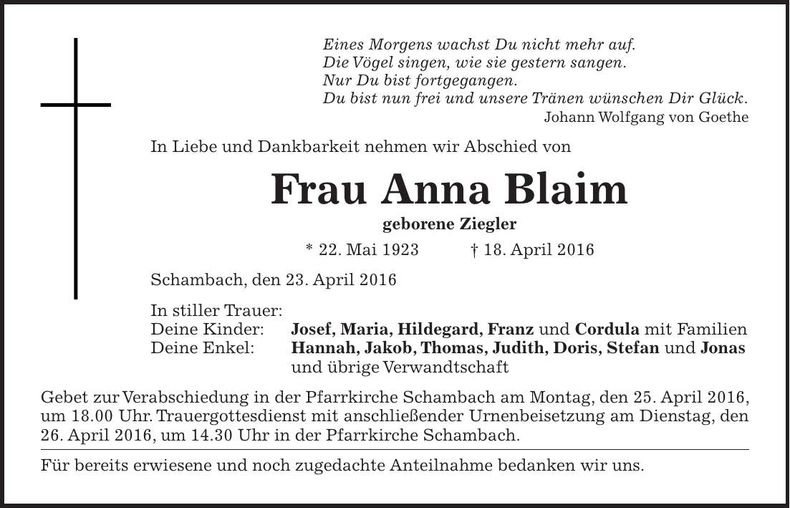 Traueranzeige Anna Blaim