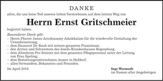 Traueranzeige Ernst Gritschmeier