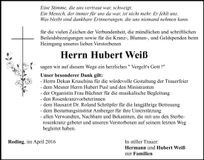 Traueranzeige Hubert Weiß