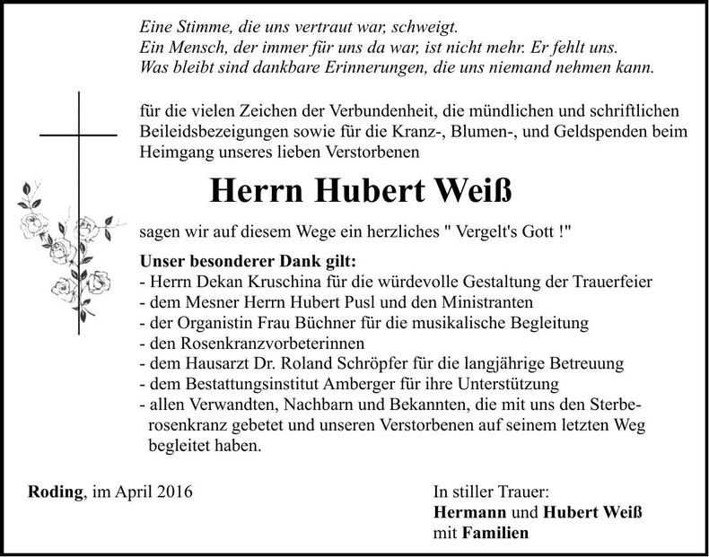 Traueranzeige Hubert Weiß