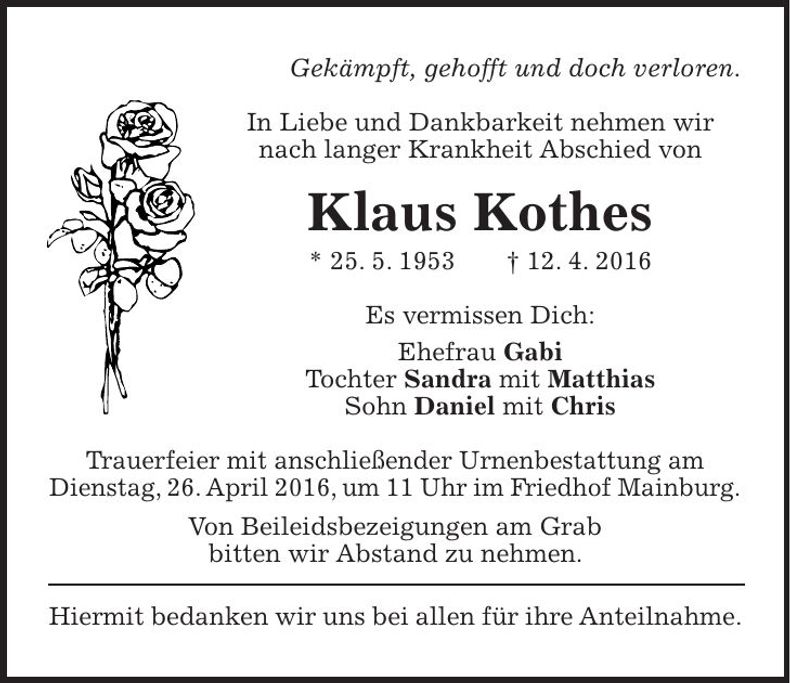 Traueranzeige Klaus Kothes