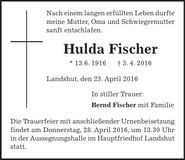Traueranzeige Hulda Fischer