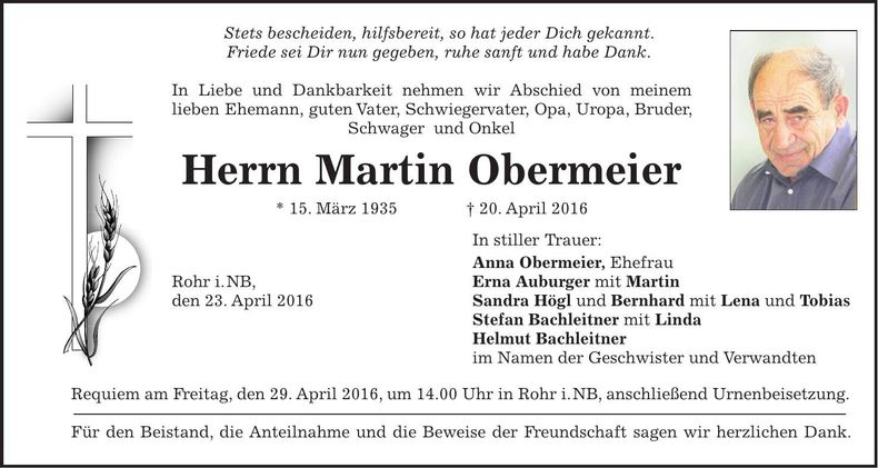 Traueranzeige Martin Obermeier