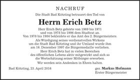 Traueranzeige Erich Betz