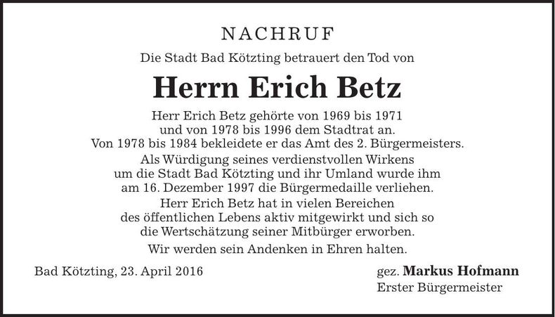 Traueranzeige Erich Betz