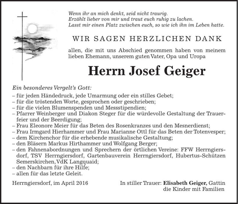 Traueranzeige Josef Geiger