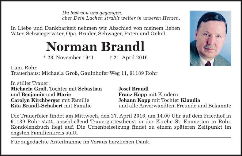 Traueranzeige Norman Brandl