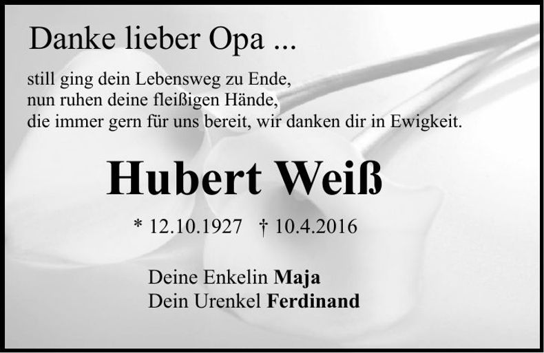 Traueranzeige Hubert Weiß