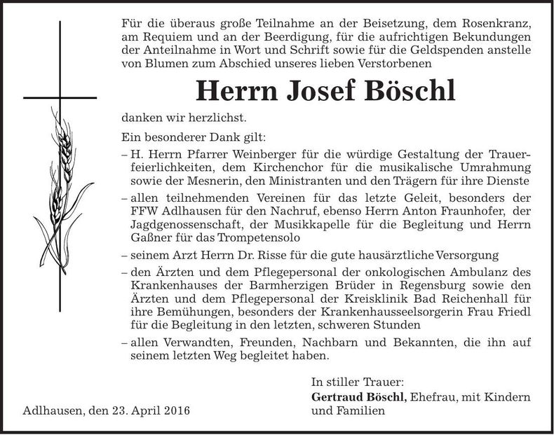 Traueranzeige Josef Böschl