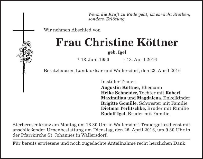Traueranzeige Christine Köttner