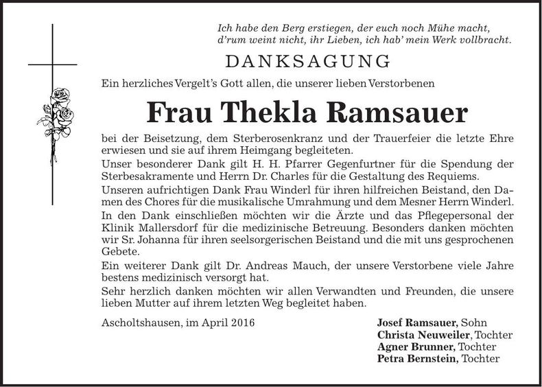 Traueranzeige Thekla Ramsauer