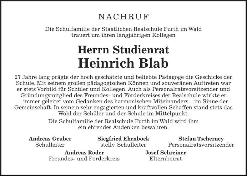 Traueranzeige Heinrich Blab
