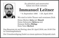 Traueranzeige Immanuel Leitner