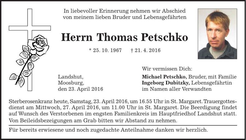 Traueranzeige Thomas Petschko