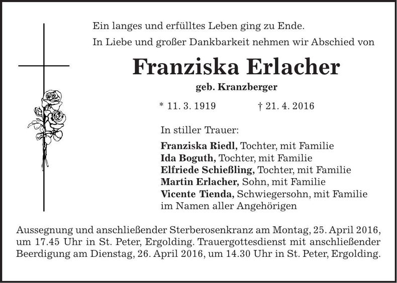 Traueranzeige Franziska Erlacher