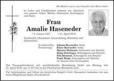 Traueranzeige Amalie Haseneder