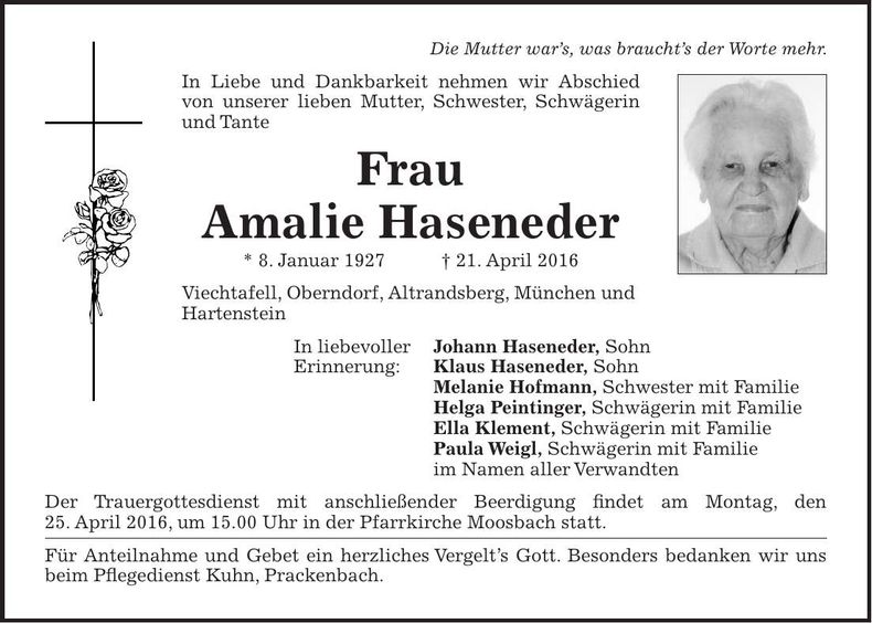 Traueranzeige Amalie Haseneder
