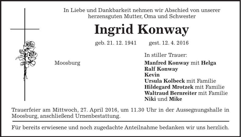 Traueranzeige Ingrid Konway