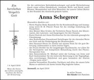 Traueranzeige Anna Schegerer