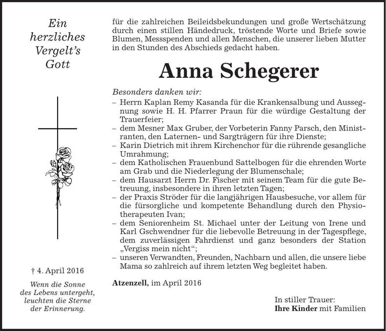 Traueranzeige Anna Schegerer