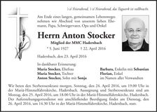 Traueranzeige Anton Stocker
