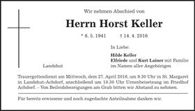 Traueranzeige Horst Keller