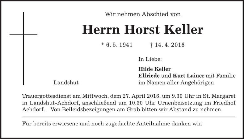 Traueranzeige Horst Keller