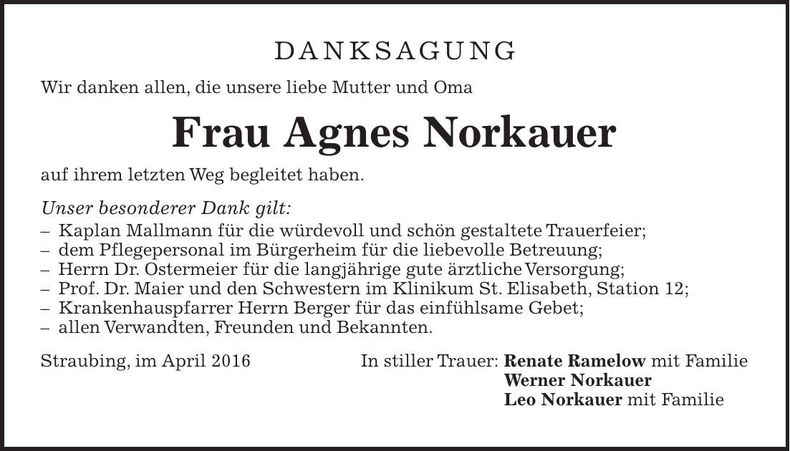 Traueranzeige Agnes Norkauer