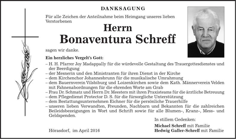 Traueranzeige Bonaventura Schreff